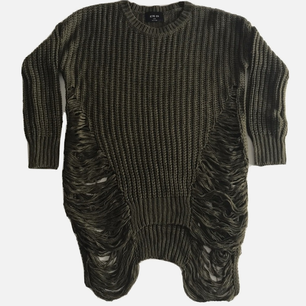 Active USA Olive Green Distressed Women Sweater